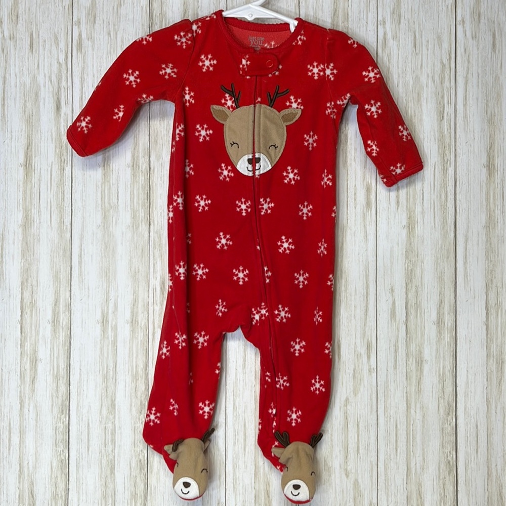 Just One You made by Carter’s Red fleece footed reindeer pajamas zip front Sz 6m